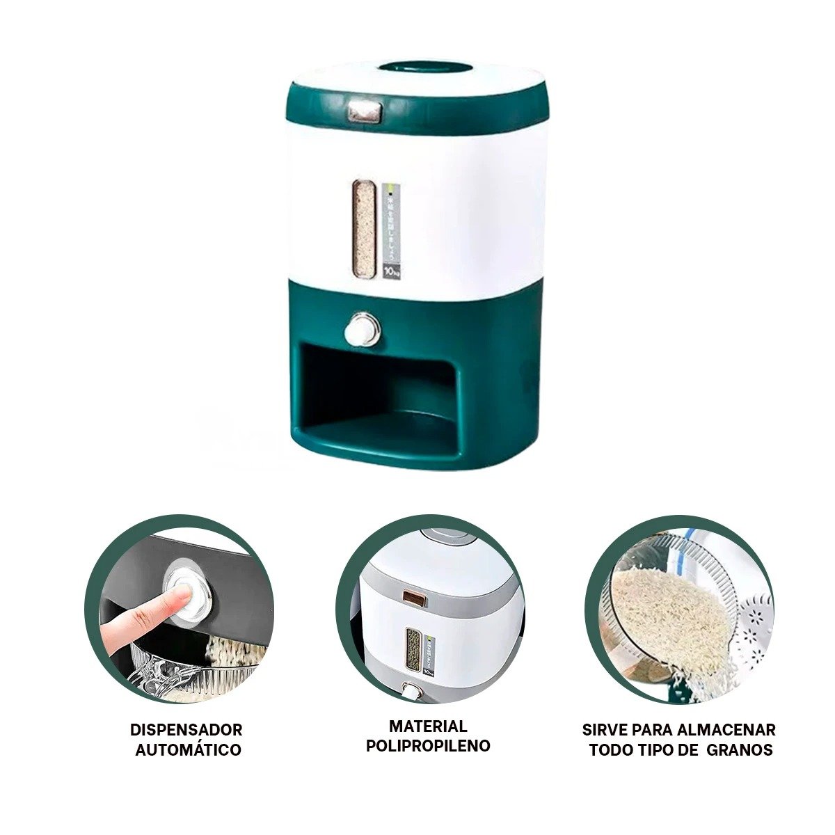 DISPENSADOR CON DEPOSITO VERDE PARA ARROZ Y CEREALES 10KG USO DIARIO Y+PAPEL REGALO - 5