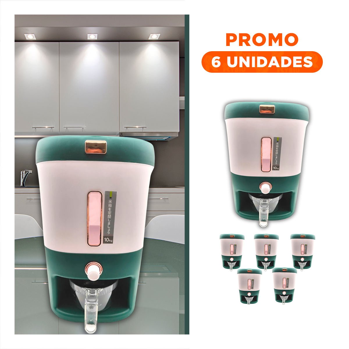 PACK6 RECIPIENTE DOMESTICO VERDE DE 10KG PARA ARROZ Y CEREALES Y+REGALO STICKER - 1