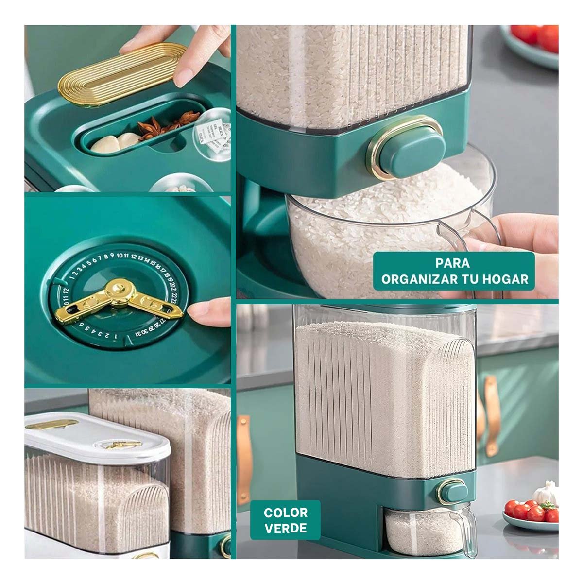 PACK6 DEPOSITO 39X16,5X33CM VERDE PARA CEREAL SECO COCINA Y+PAPEL REGALO - 3