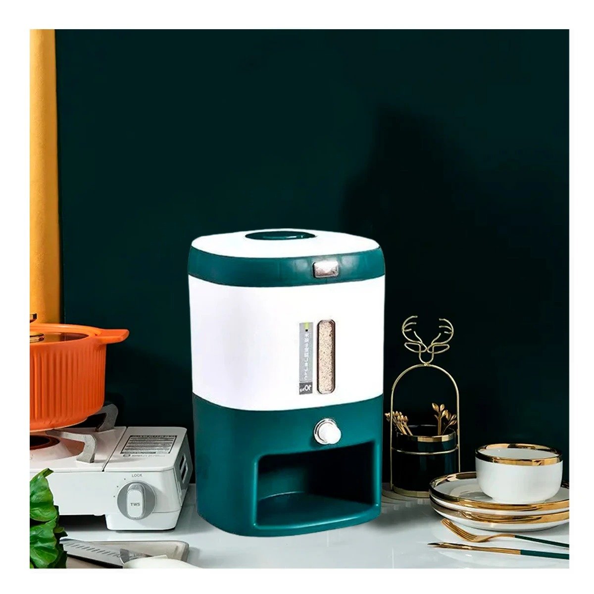PACK2 CONTENEDOR PRACTICO DE ARROZ Y CEREALES CON DETALLES VERDE 10KG - 5