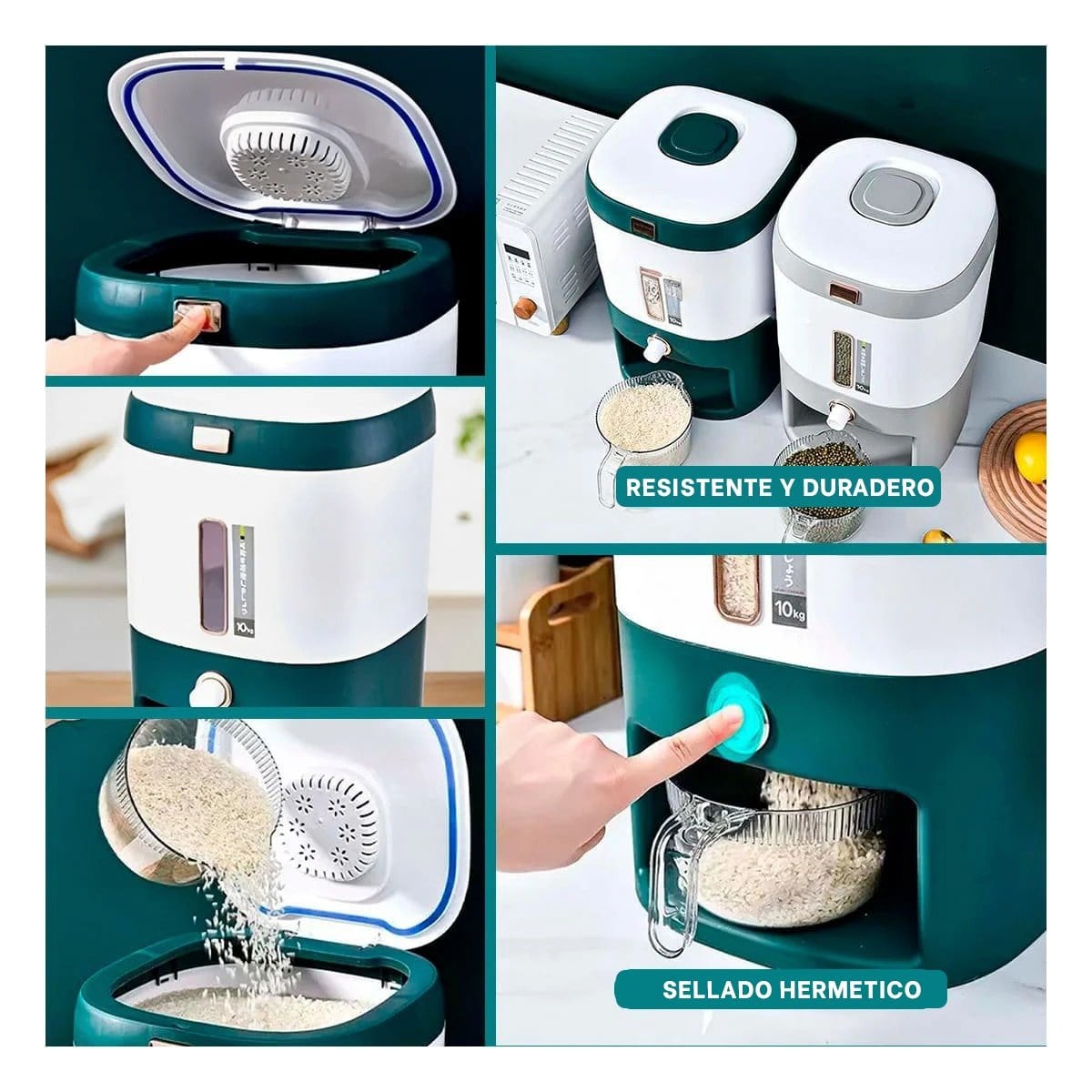 DISTRIBUIDOR RECTANGULAR DE ARROZ Y LEGUMBRES 10KG VERDE CON BLANCO Y+LIGAS REGALO - 1