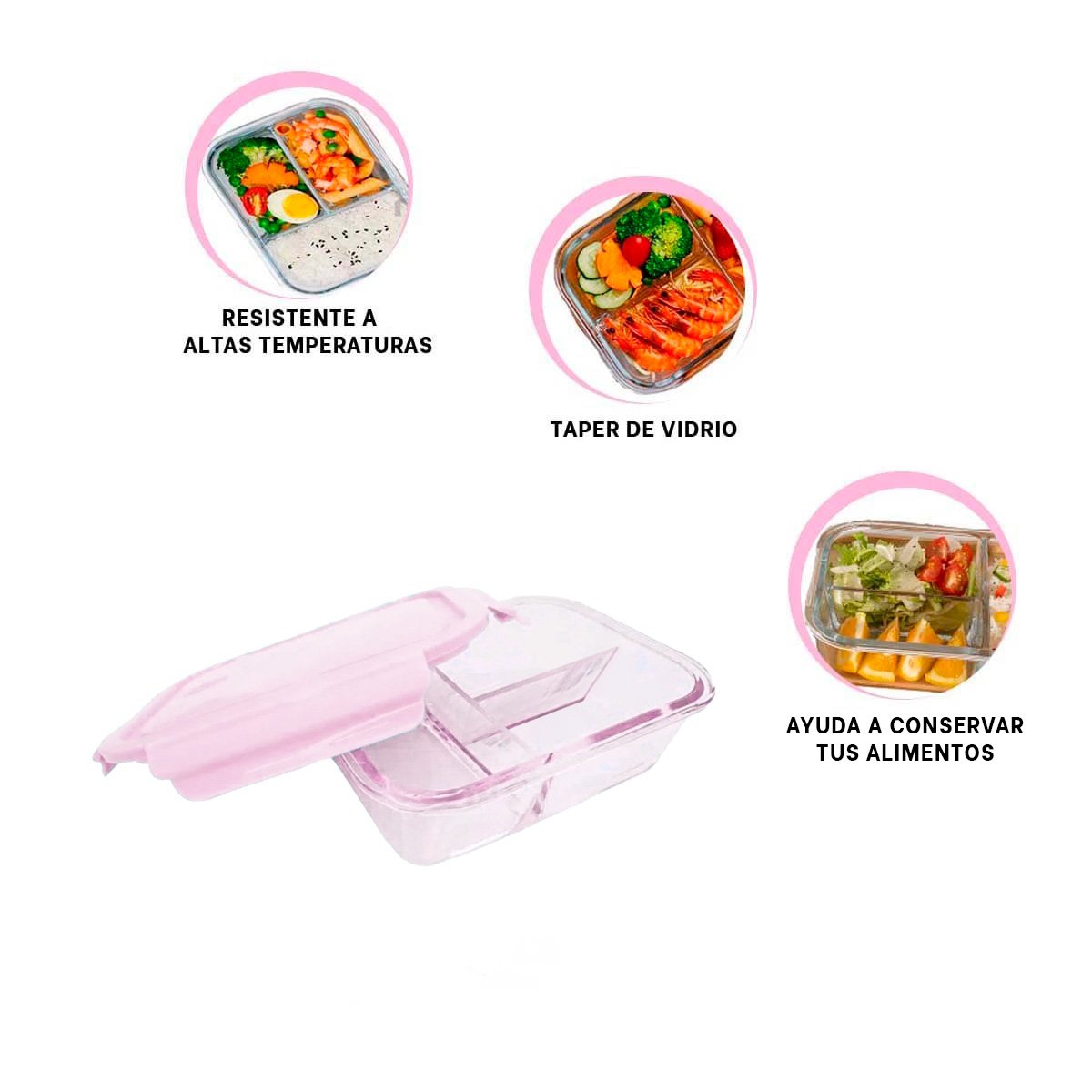 ENVASE DE VIDRIO ROSADO CON 3 DIVISIONES PARA GUARDAR COMIDA EN HOGAR Y+PAPEL REGALO - 5