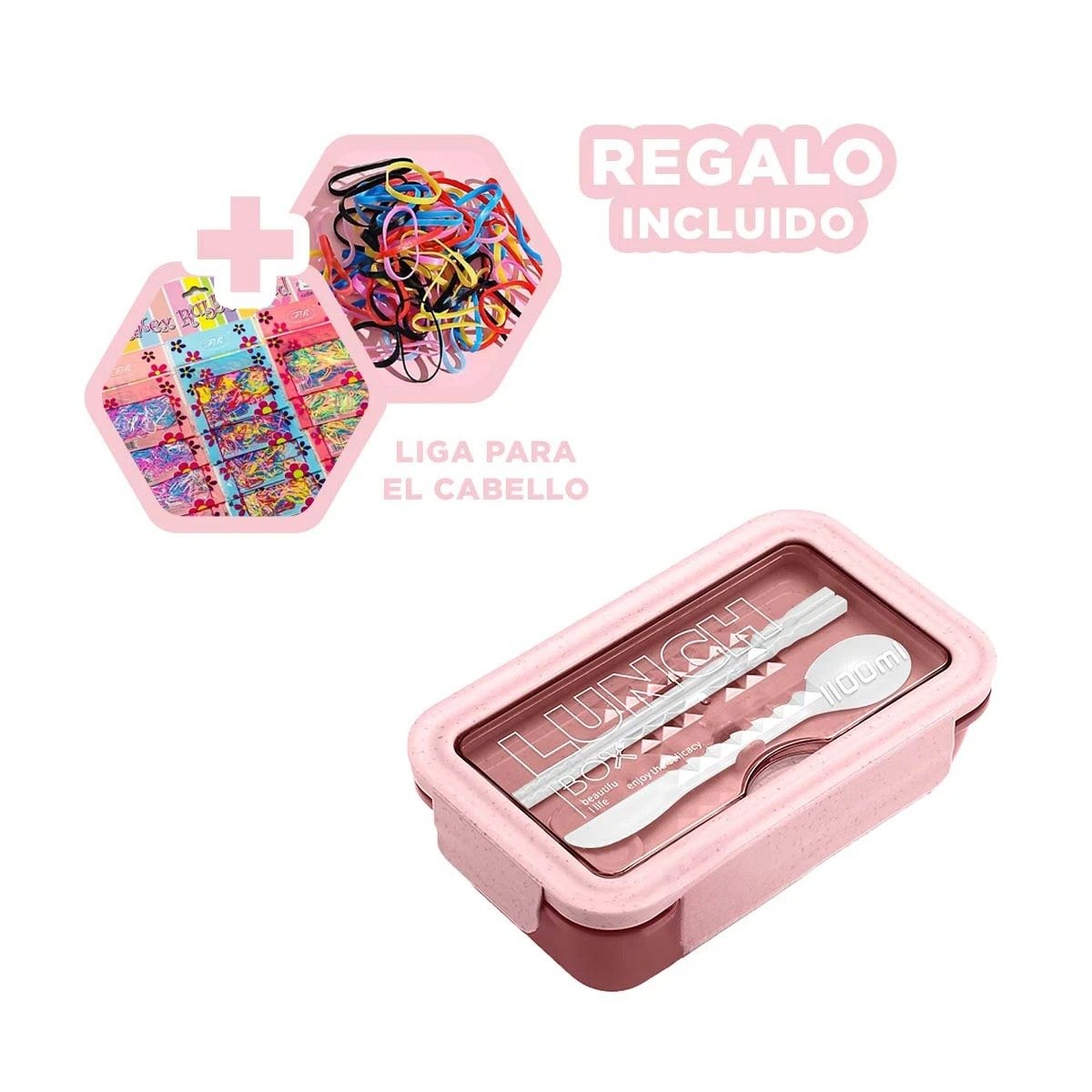 TAPER PARA ALMUERZO 1100ML ROSADO CON CUBIERTOS Y SEPARACION INTERIOR DOBLE Y+LIGAS REGALO - 2