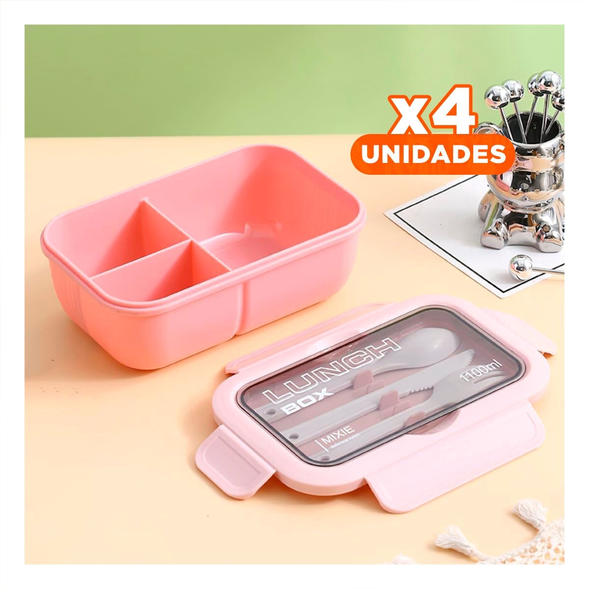 PACK4 RECIPIENTE 1100ML EN ROSADO CON ESTRUCTURA INTERNA DE DOS ESPACIOS Y+REGALO STICKER - 1