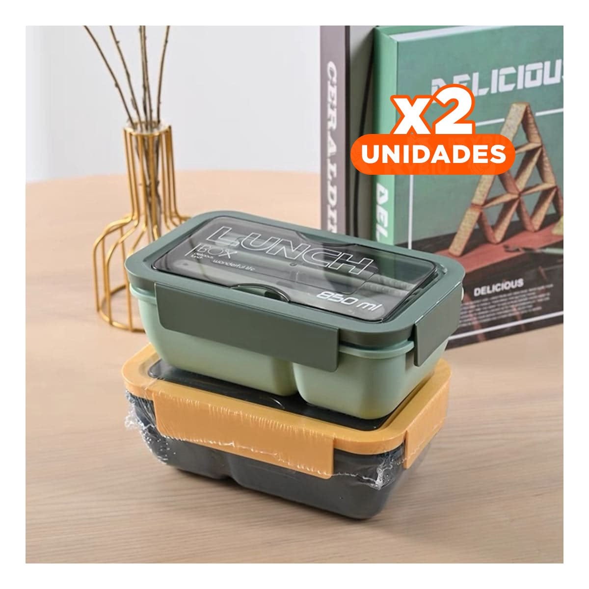 PACK2 CONTENEDOR COMPACTO 850ML CON CUBIERTOS VERDE PARA COCINA Y TRANSPORTE Y+PAPEL REGALO - 1