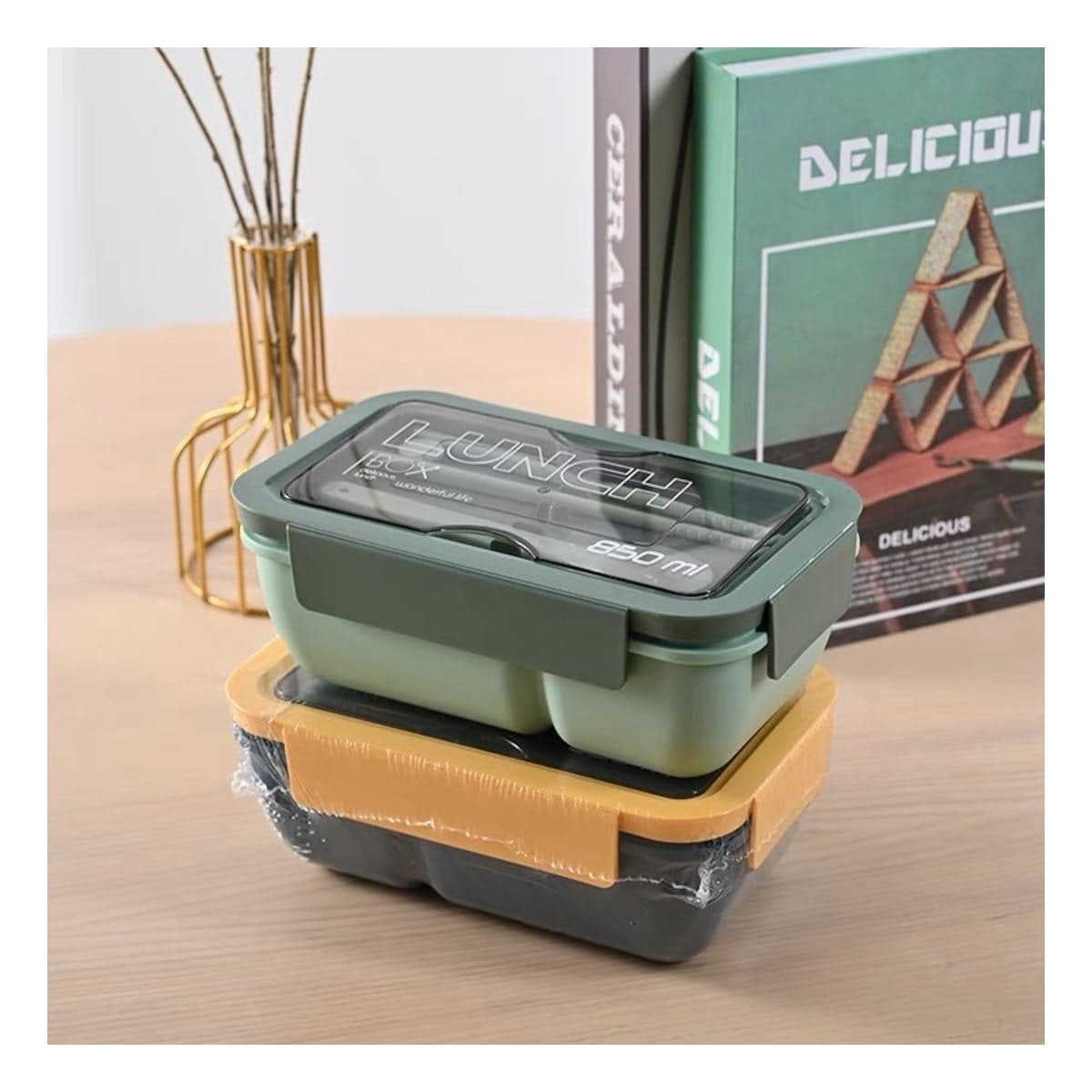 PACK2 CONTENEDOR COMPACTO 850ML CON CUBIERTOS VERDE PARA COCINA Y TRANSPORTE Y+PAPEL REGALO - 2