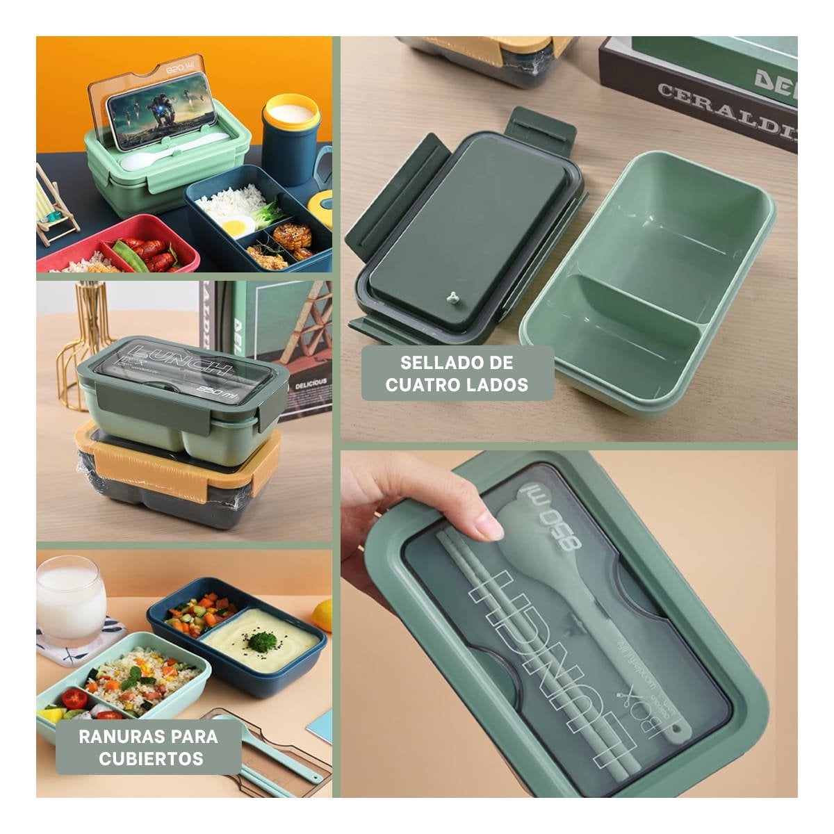 PACK2 CONTENEDOR COMPACTO 850ML CON CUBIERTOS VERDE PARA COCINA Y TRANSPORTE Y+PAPEL REGALO - 3