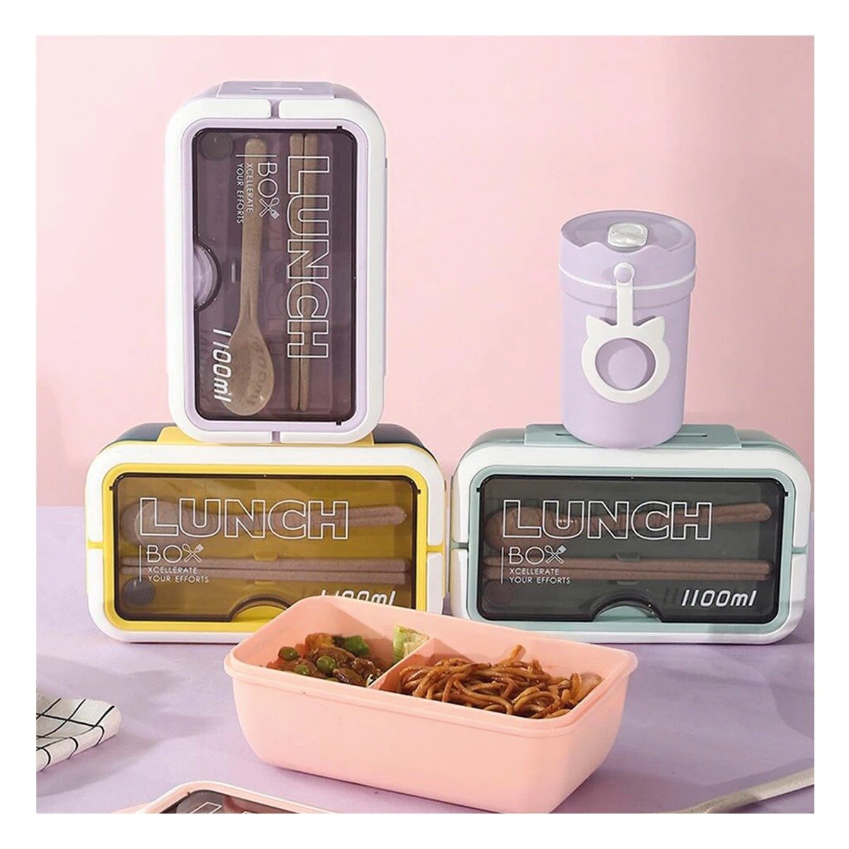 PACK2 LONCHERA CON DOS ESPACIOS INTERNOS 1100ML MORADO CON CUBIERTOS PRACTICOS - 5
