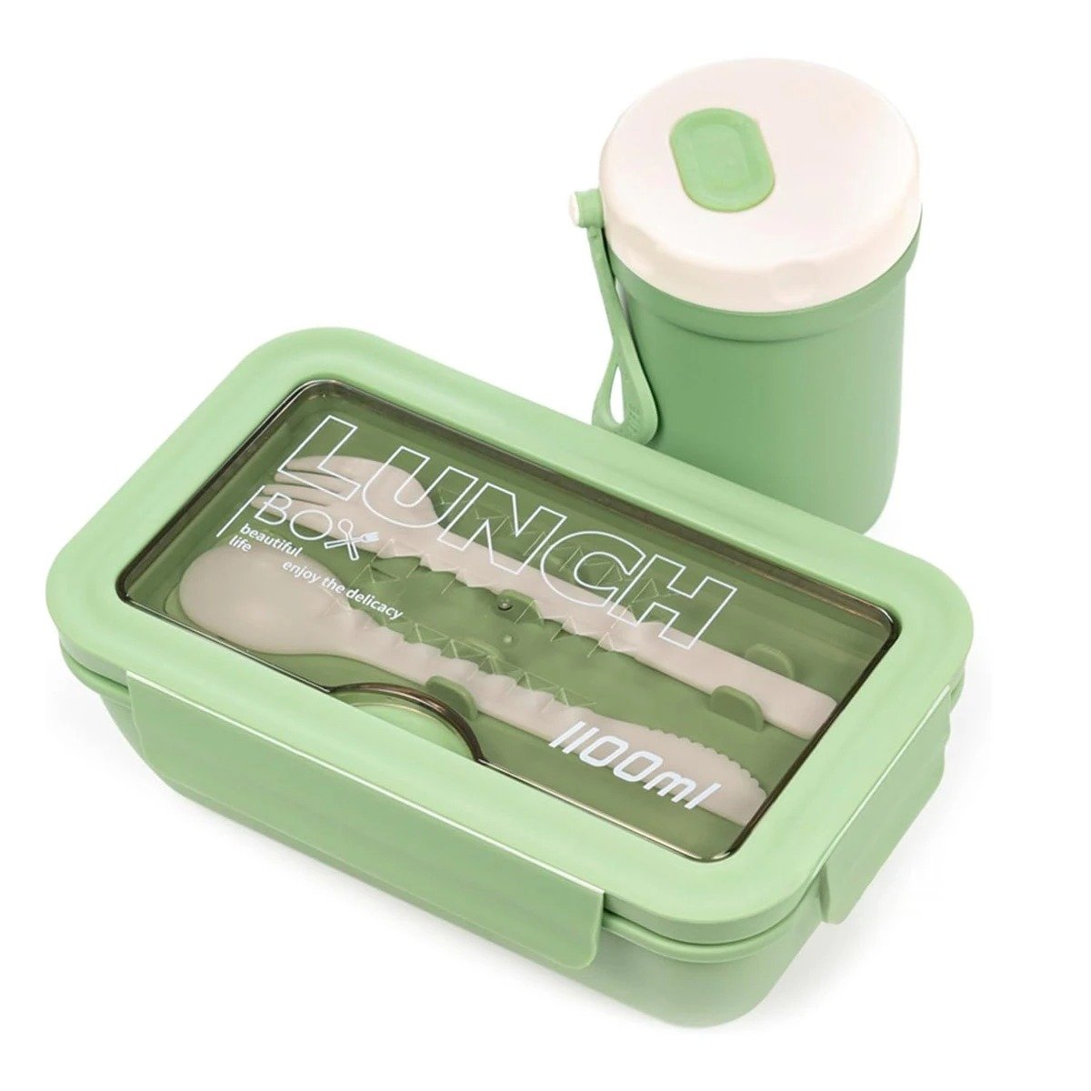 TAPER CON DOS COMPARTIMENTOS EN VERDE Y CAPACIDAD 1100ML CON CUBIERTOS Y+REGALO STICKER - 1