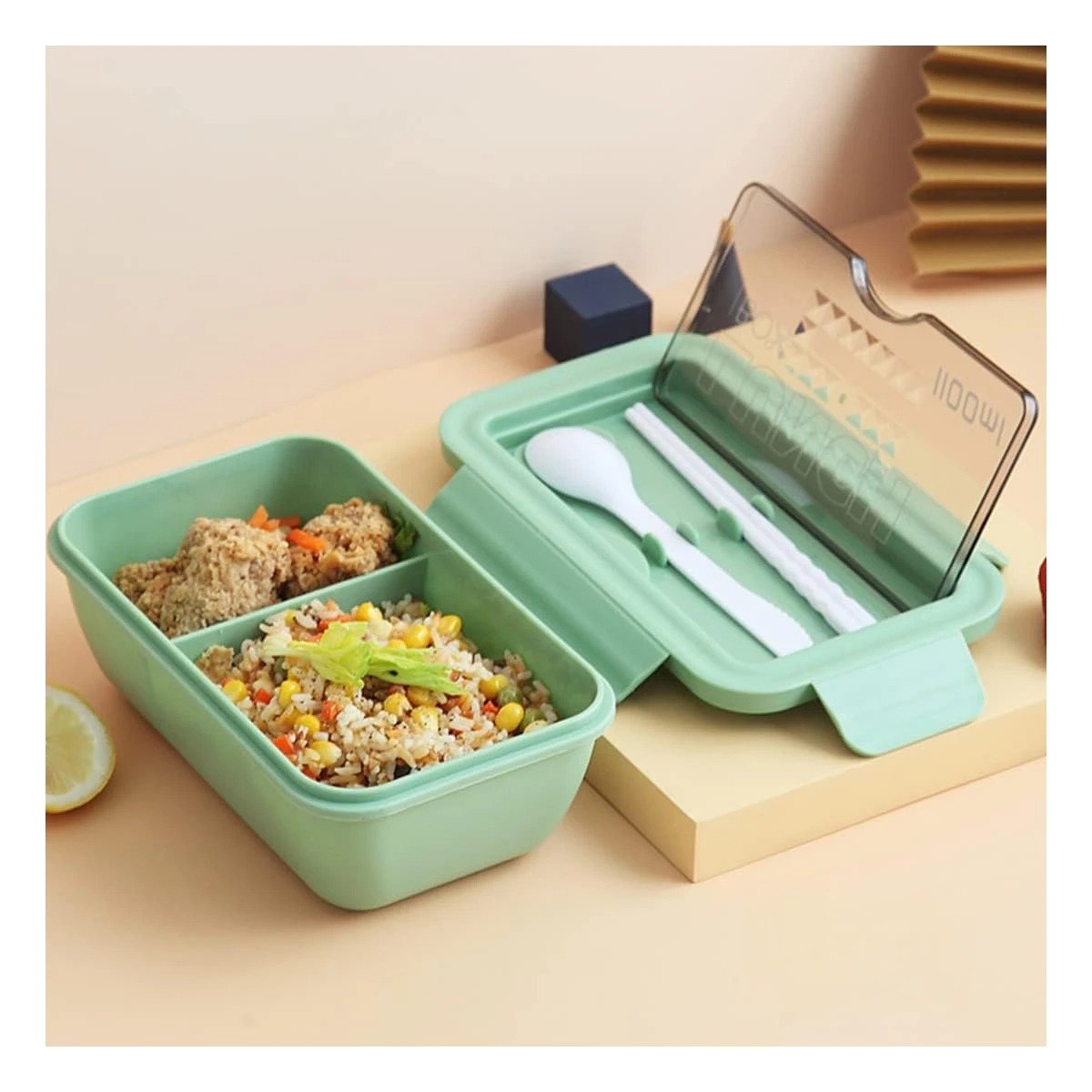 TAPER CON DOS COMPARTIMENTOS EN VERDE Y CAPACIDAD 1100ML CON CUBIERTOS Y+REGALO STICKER - 3