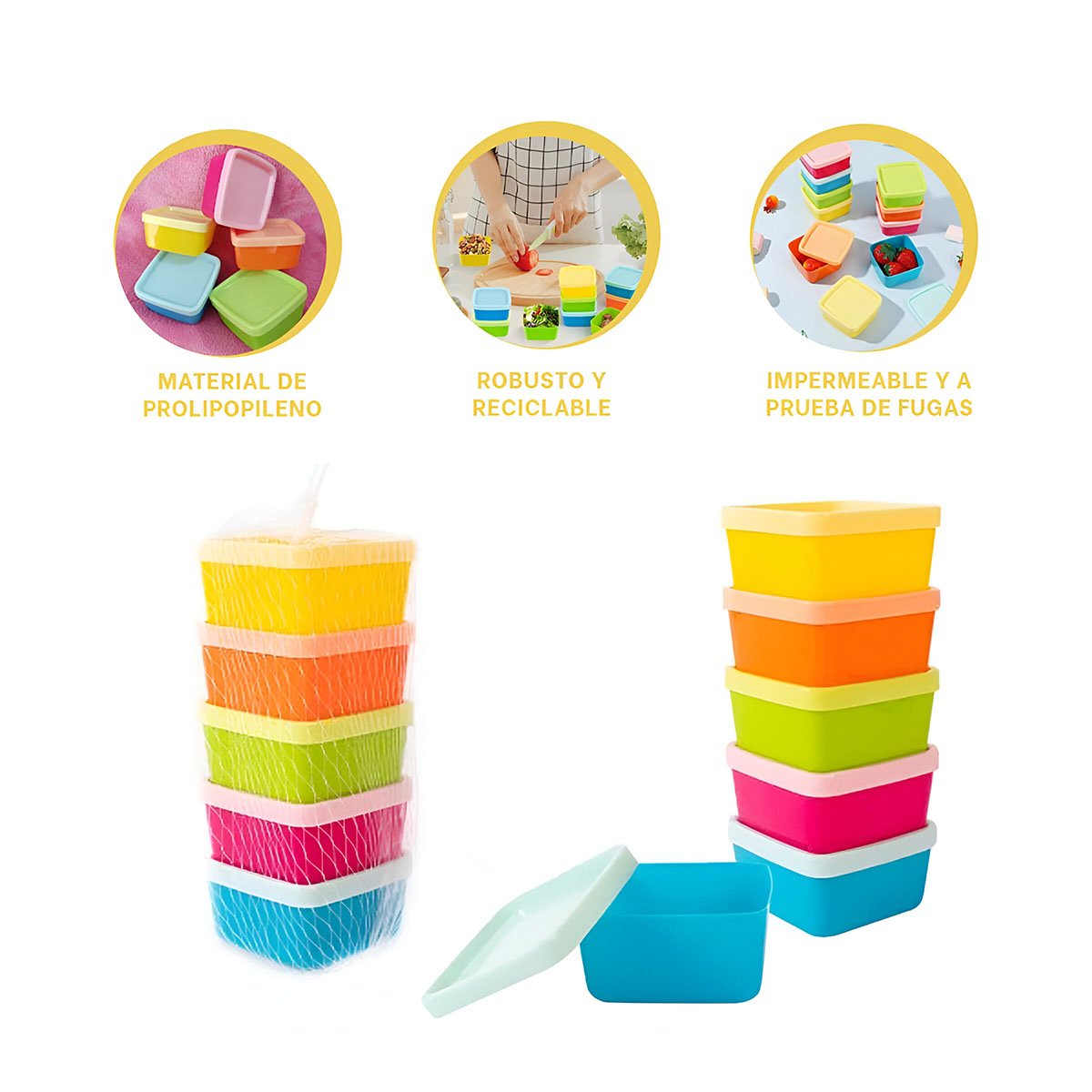 MINI TAPERS 6 PIEZAS CON TAPAS MULTICOLOR 6X3,5CM PARA USO DIARIO EN COCINA Y+LIGAS REGALO - 5