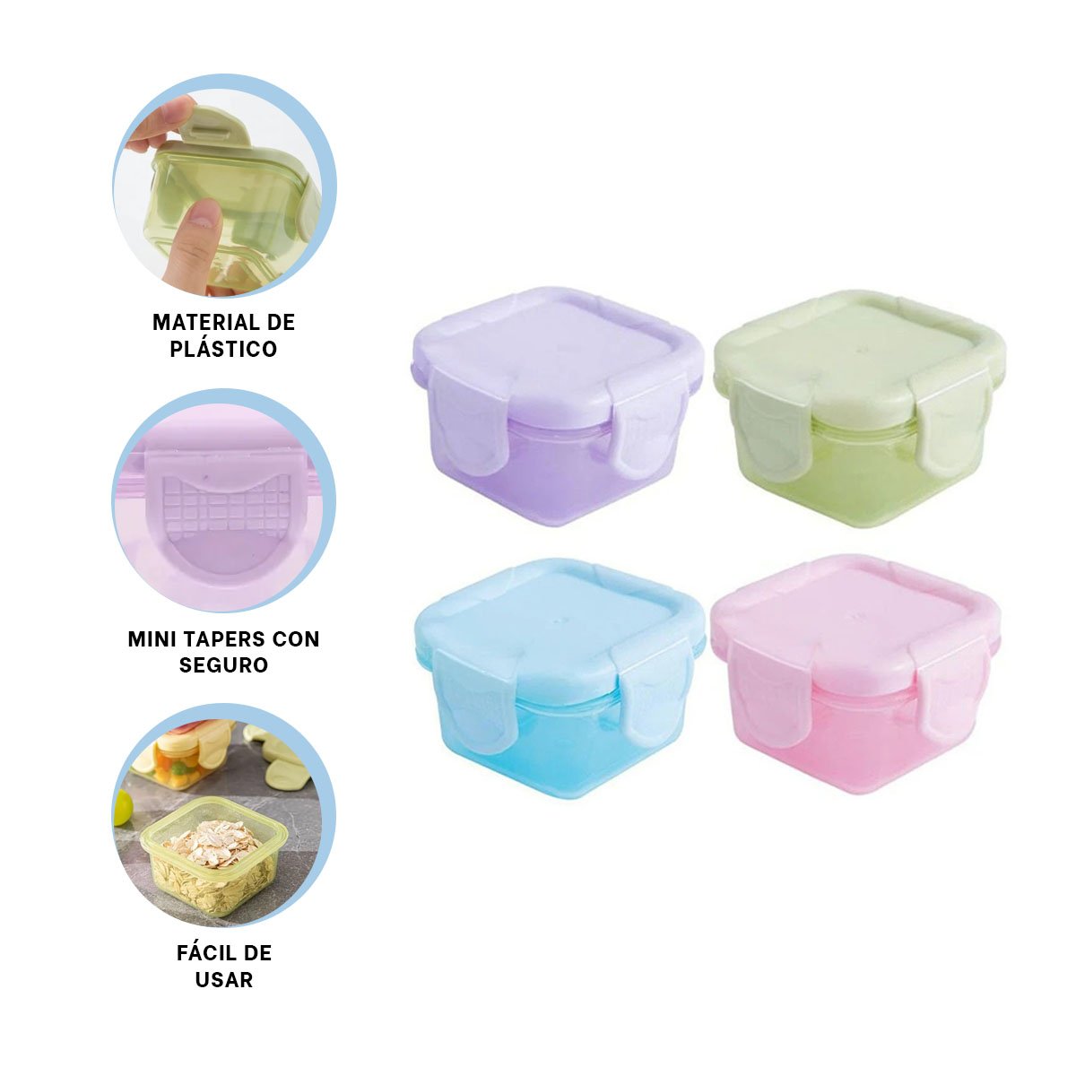 MINI TAPERS CON SEGURO 4 PIEZAS MULTICOLOR 6,2X4CM PARA TRANSPORTE DE SNACKS Y FRUTAS Y+POST IT - 5