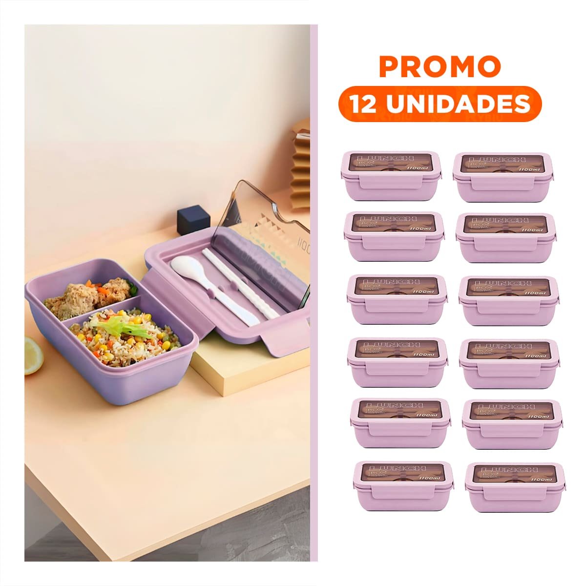 PACK12 RECIPIENTE CON SEPARACION INTERNA EN DOS MORADO 1100ML INCLUYE CUBIERTOS - 1