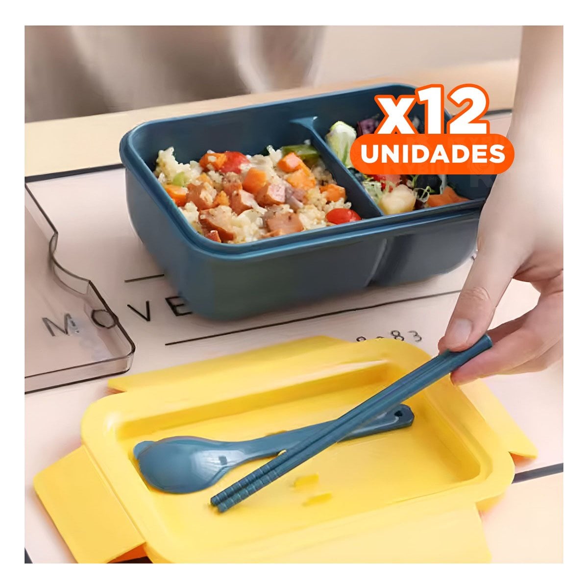 PACK12 BOTE COMPACTO 850ML CON CUBIERTOS AZUL Y AMARILLO PARA COCINA Y OFICINA Y+REGALO STICKER - 1