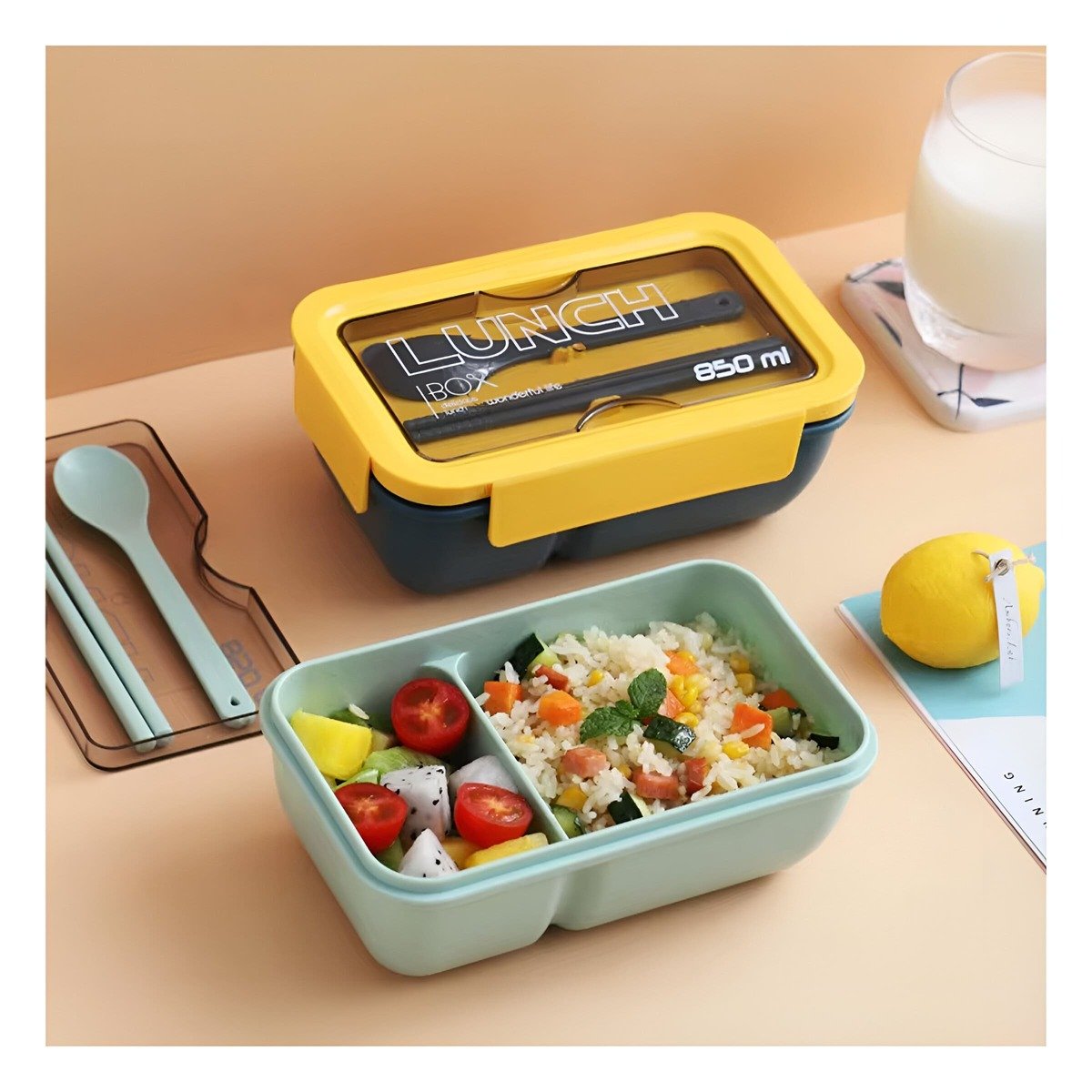 PACK12 BOTE COMPACTO 850ML CON CUBIERTOS AZUL Y AMARILLO PARA COCINA Y OFICINA Y+REGALO STICKER - 3