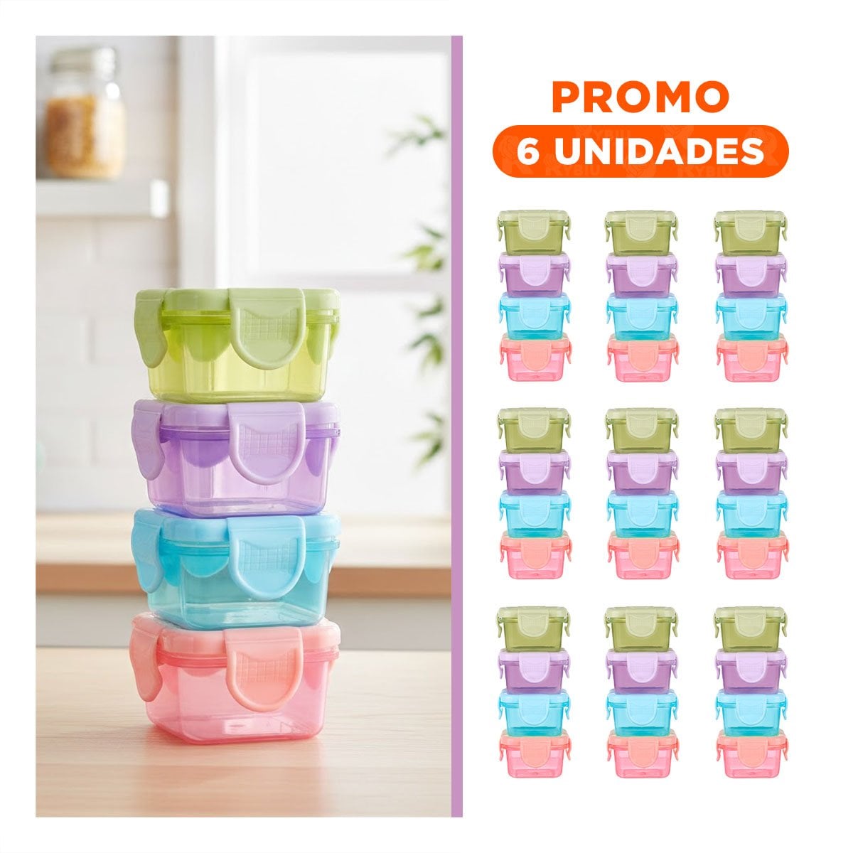 PACK6 CAJAS MINI CON SEGURO 4 PIEZAS MULTICOLOR 7X4CM PARA TRANSPORTE COMIDA Y+REGALO STICKER - 1