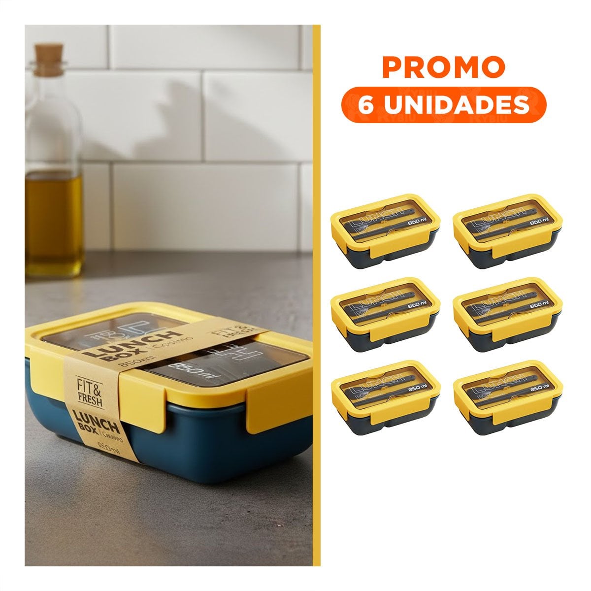 PACK6 CAJA PRÁCTICA 850ML CON CUBIERTOS AZUL Y AMARILLO PARA USO DIARIO Y+REGALO STICKER - 1