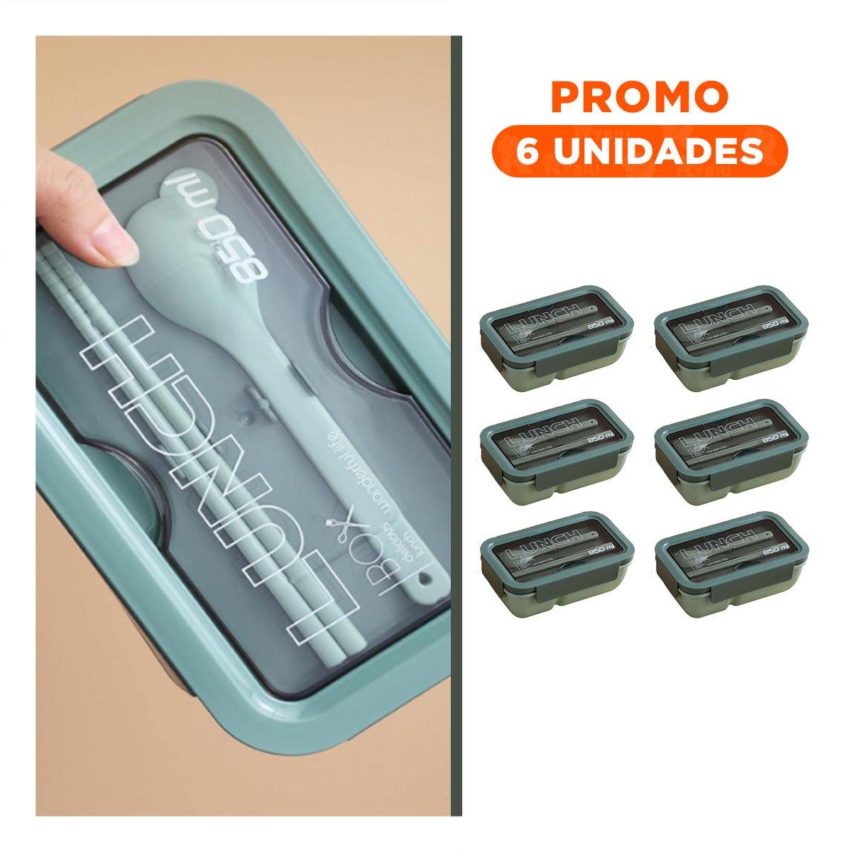 PACK6 CAJA PRÁCTICA 850ML CON CUBIERTOS VERDE PARA USO DIARIO EN HOGAR Y+REGALO STICKER - 1