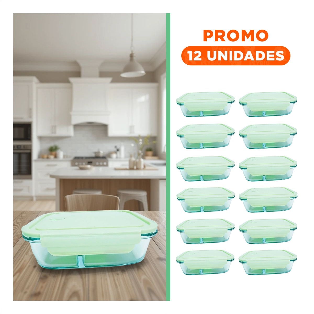 PACK12 FUENTE DE COCINA EN VIDRIO VERDE CON 3 DIVISIONES PRACTICAS - 1