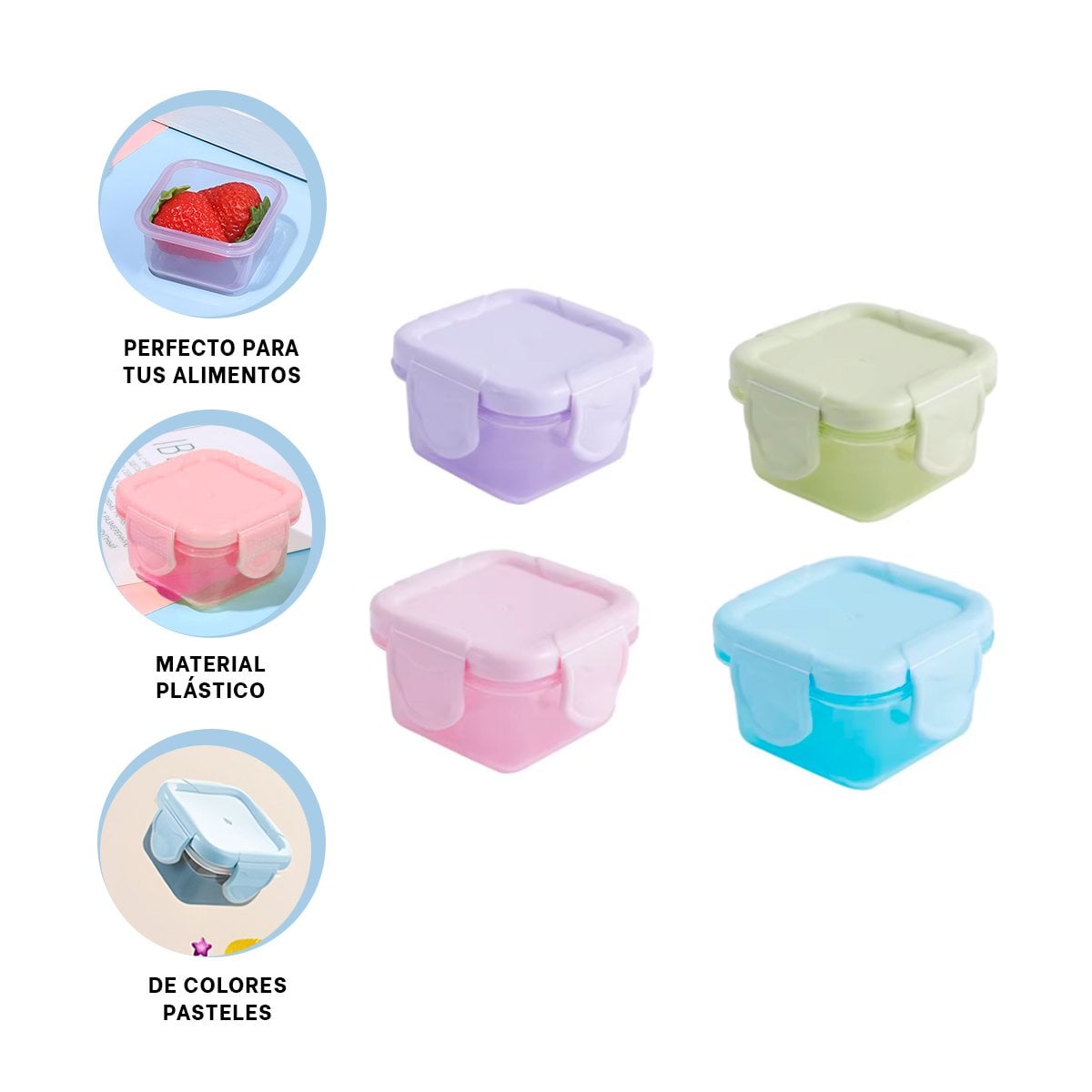 MINI TAPERS CON SEGURO 4 PIEZAS MULTICOLOR 7X4CM PARA TRANSPORTE DE SNACKS Y FRUTAS Y+POST IT - 5