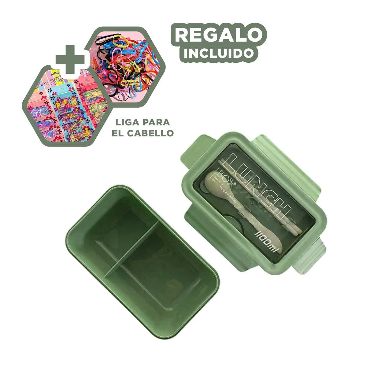 TAPER PARA ALMUERZO 1100ML VERDE CON CUBIERTOS Y SEPARACION INTERIOR DOBLE Y+LIGAS REGALO - 2
