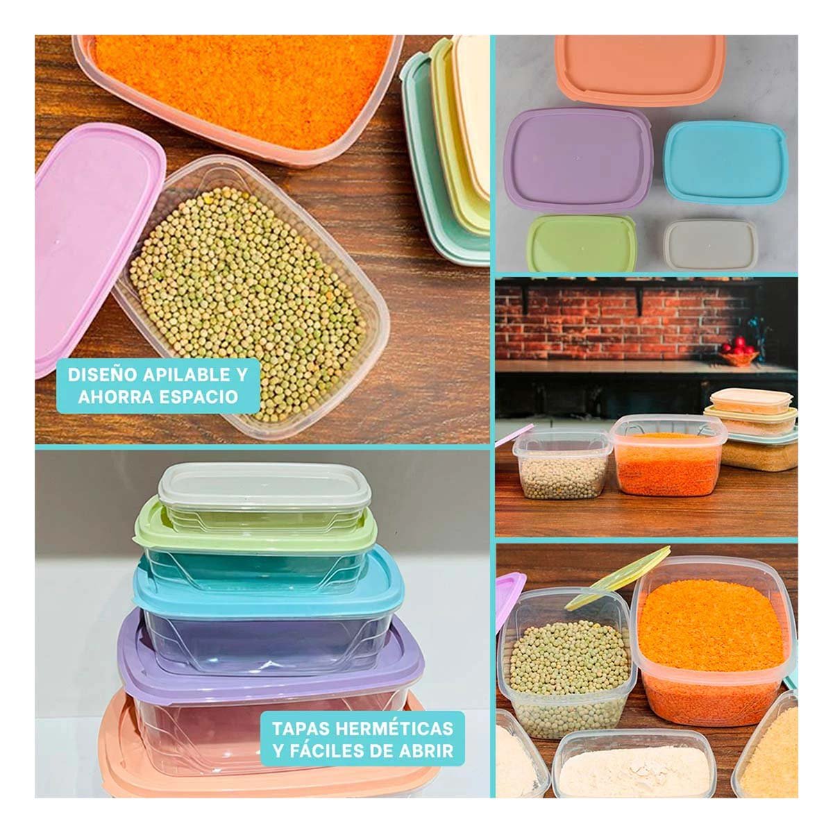 TAPERS RECTANGULARES 5 PIEZAS EN TONOS PASTEL PARA GUARDAR COMIDA Y+POST IT - 2