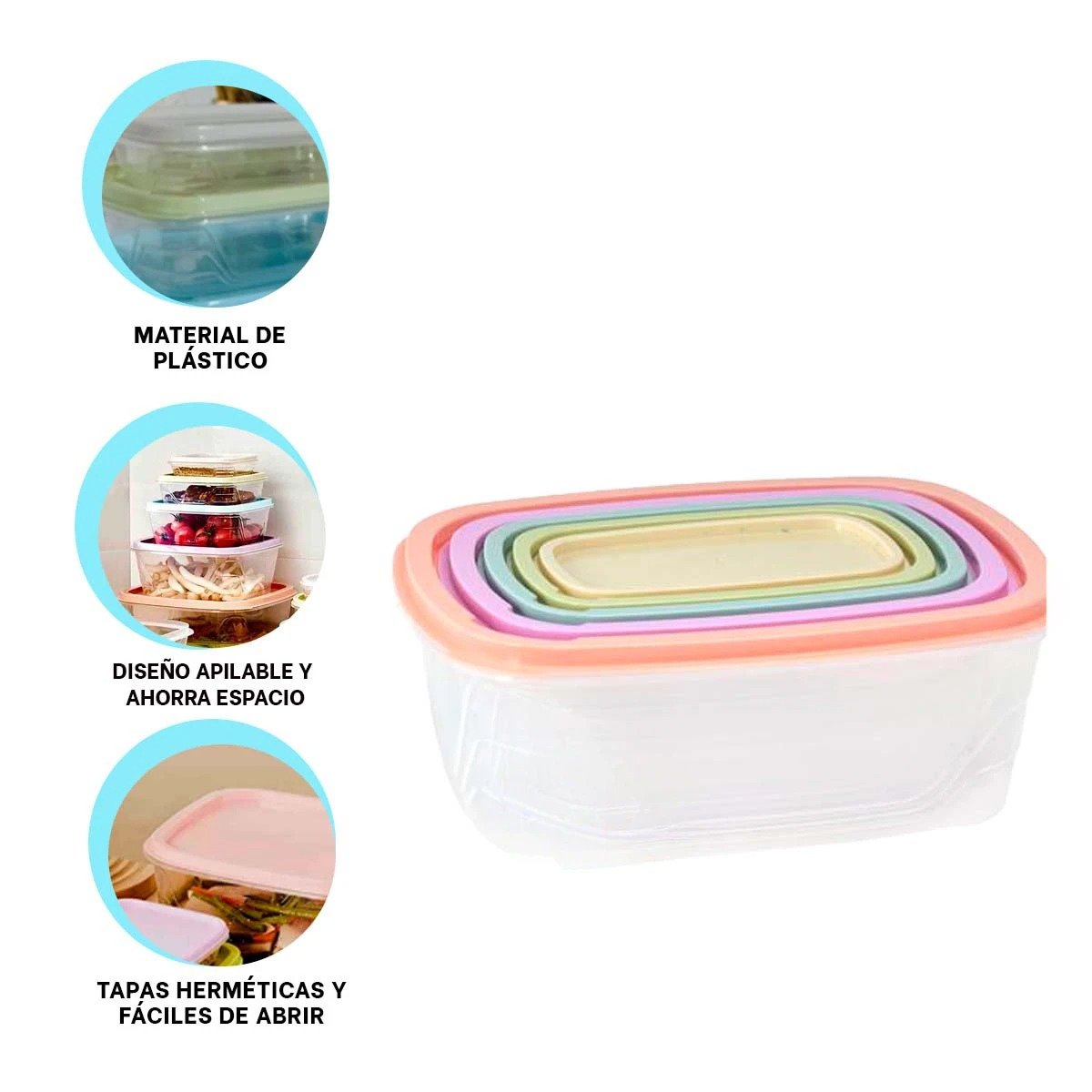 TAPERS RECTANGULARES 5 PIEZAS EN TONOS PASTEL PARA GUARDAR COMIDA Y+POST IT - 5