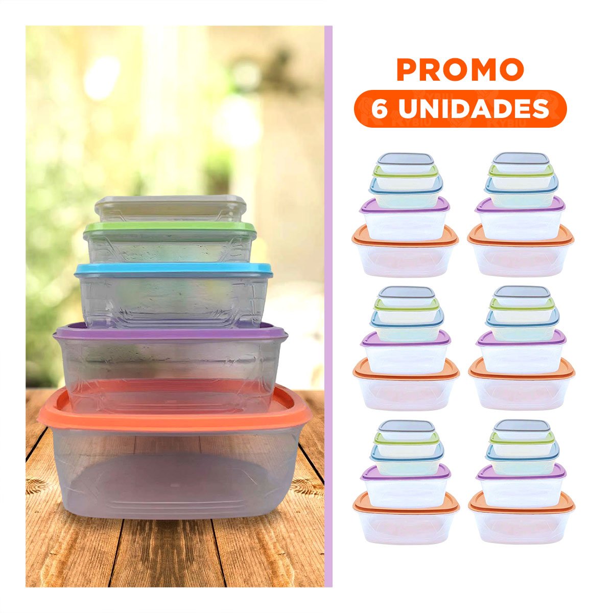 PACK6 KIT DE RECIPIENTES RECTANGULARES 5 PIEZAS EN COLORES PASTEL Y+REGALO STICKER - 1