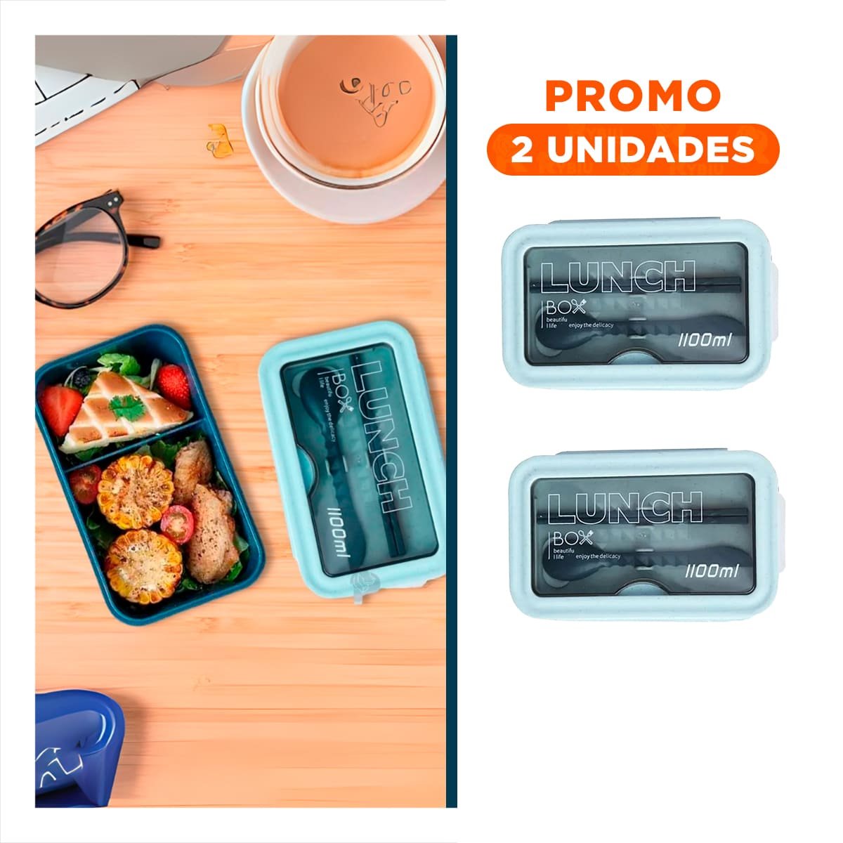 PACK2 LONCHERA CON SISTEMA DE 1100ML AZUL INCLUYE CUBIERTOS Y+REGALO STICKER - 1