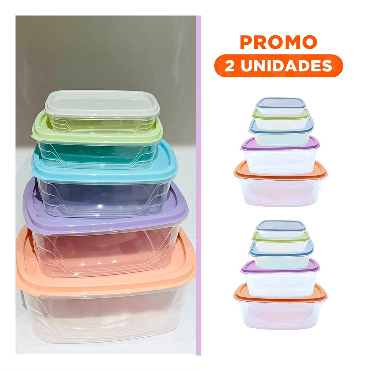 PACK2 CONTENEDORES PLASTICOS RECTANGULARES 5 PIEZAS EN COLORES PASTEL Y+REGALO STICKER - 1