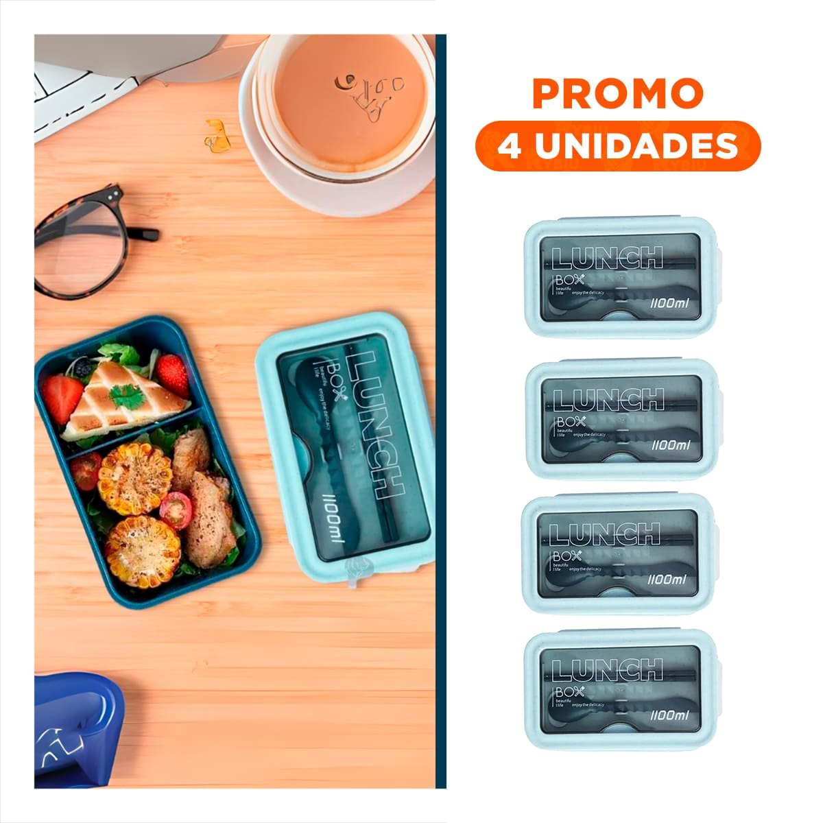 PACK4 LONCHERA AZUL 1100ML CON CUBIERTOS Y DISTRIBUCION FUNCIONAL DOBLE - 1