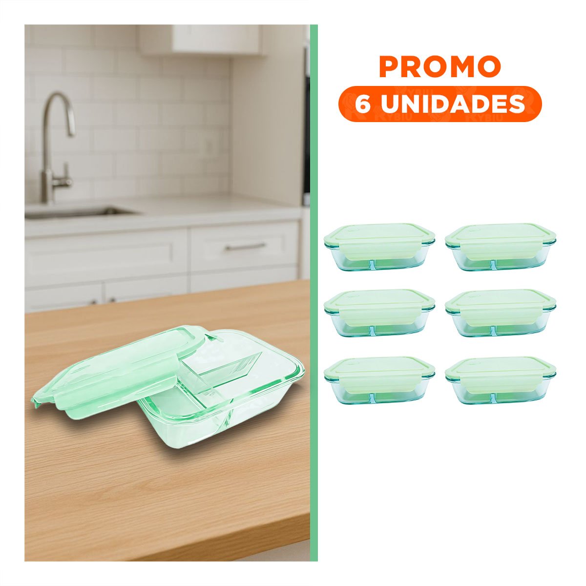 PACK6 CAJA DE COCINA EN VIDRIO VERDE CON 3 DIVISIONES COMODAS Y+REGALO STICKER - 1