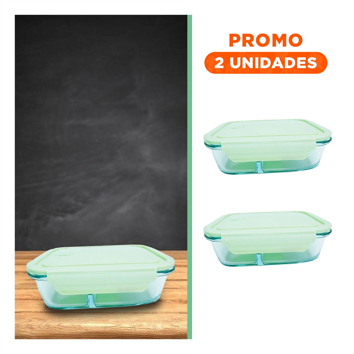 PACK2 BANDEJA HERMETICA DE VIDRIO VERDE CON 3 DIVISIONES PARA COMIDAS Y+REGALO STICKER - 1