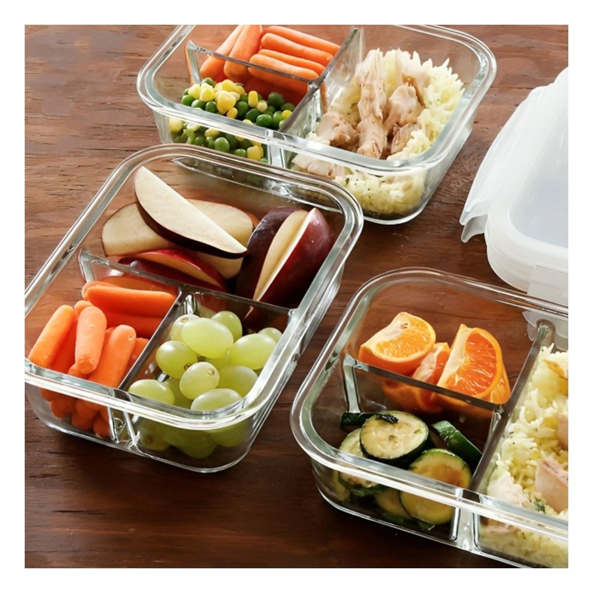 PACK2 BANDEJA HERMETICA DE VIDRIO VERDE CON 3 DIVISIONES PARA COMIDAS Y+REGALO STICKER - 3