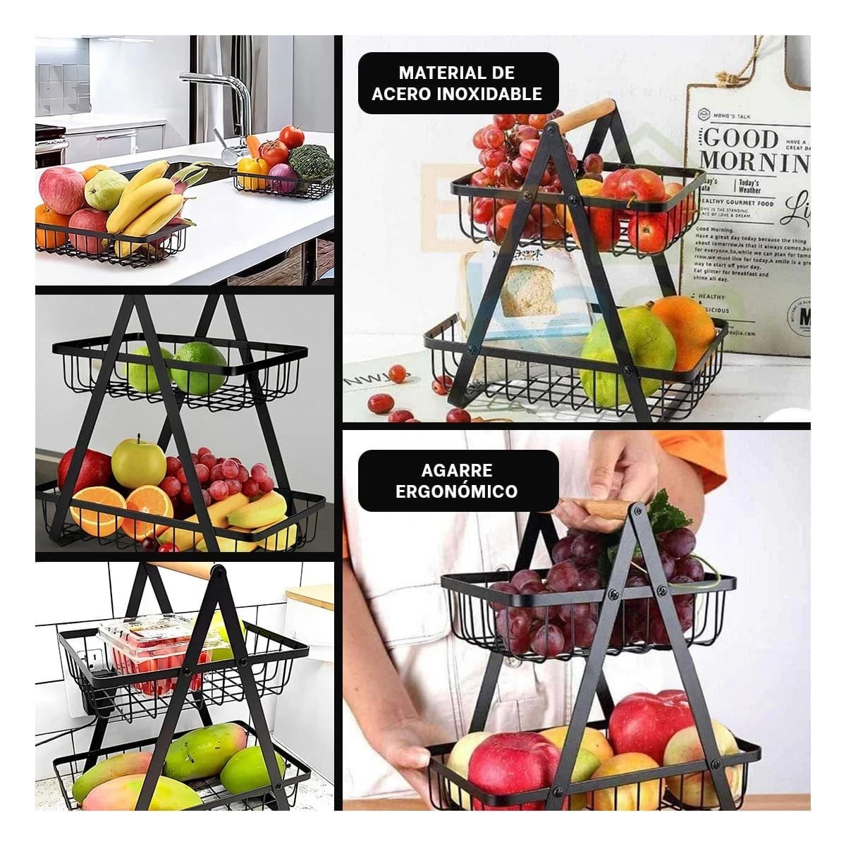 FRUTERO EN ACERO INOXIDABLE NEGRO CON DISEÑO TRIANGULAR Y DOS NIVELES Y+LIGAS REGALO - 1