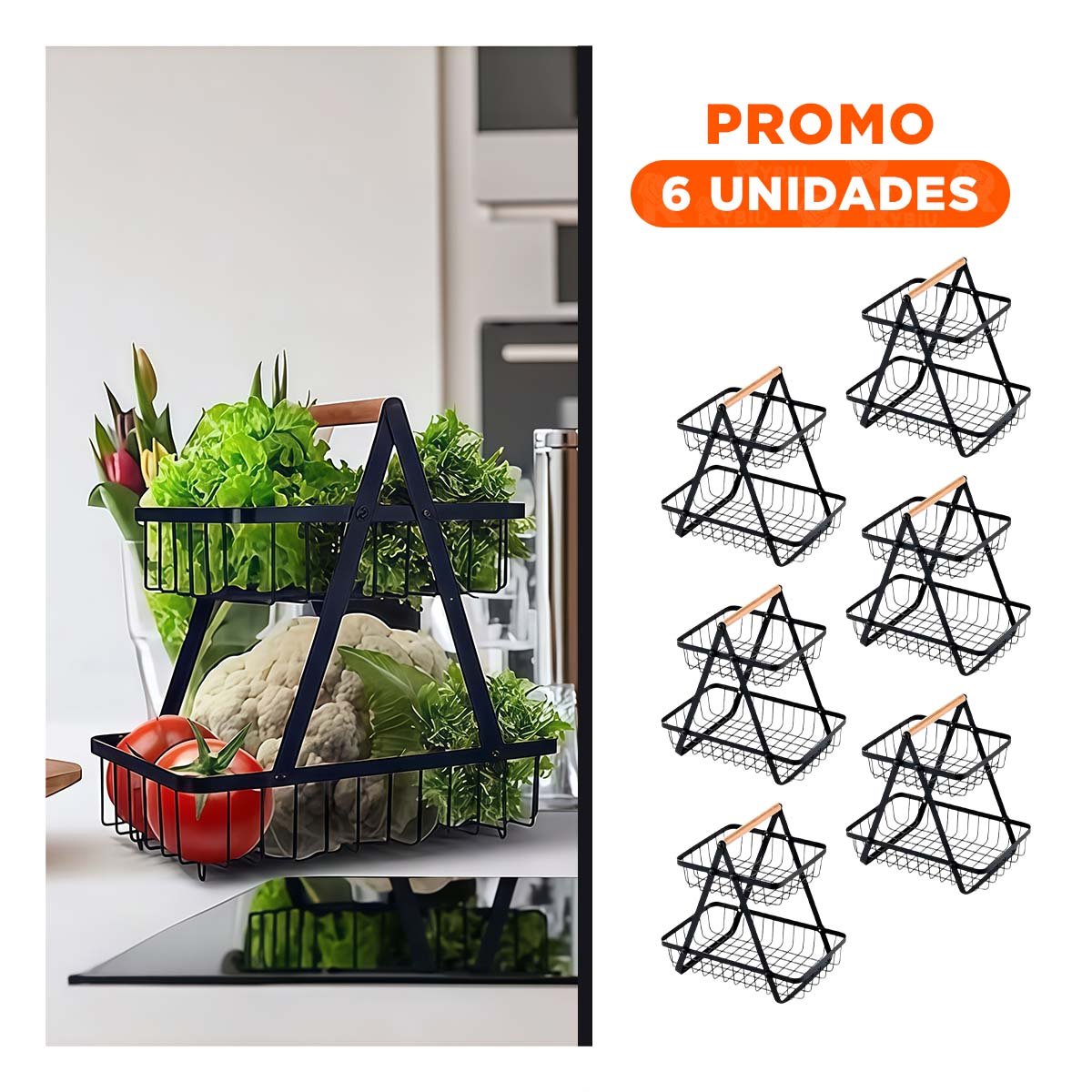 PACK6 CANASTILLA DE ACERO INOXIDABLE NEGRO 2 NIVELES CON ESTRUCTURA TRIANGULAR Y+REGALO STICKER - 1