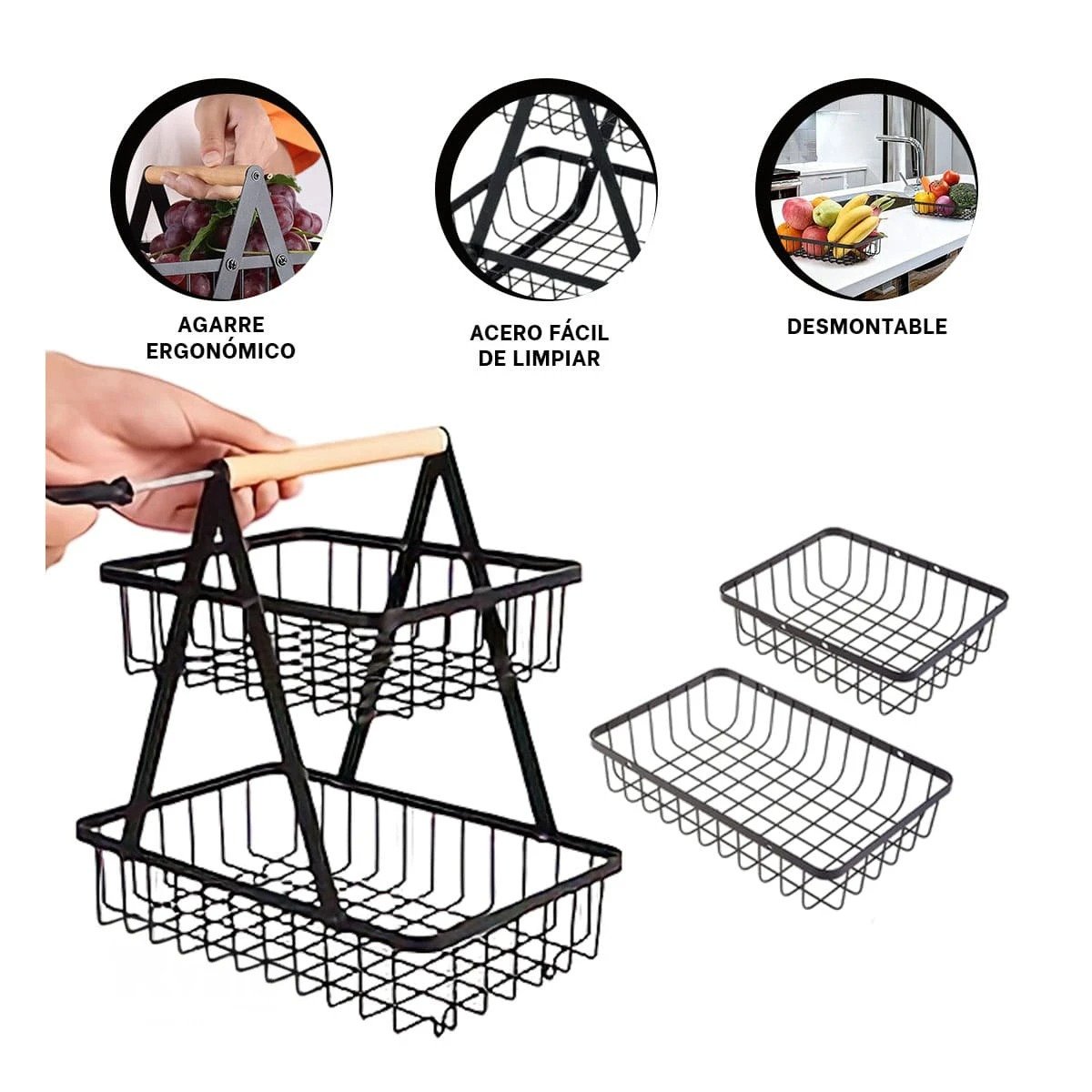 FRUTERO DE 2 NIVELES EN ACERO INOXIDABLE COLOR NEGRO CON FORMA TRIANGULAR Y+PAPEL REGALO - 5