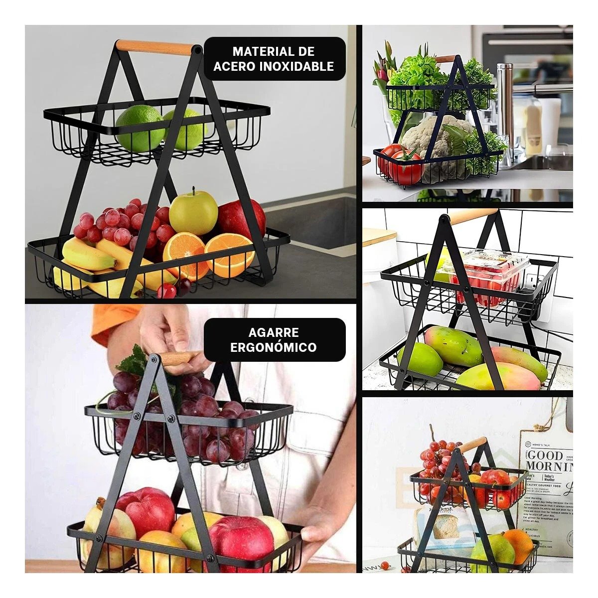 FRUTERO TRIANGULAR NEGRO CON DOS NIVELES FIRMES EN ACERO INOXIDABLE Y+POST IT - 2