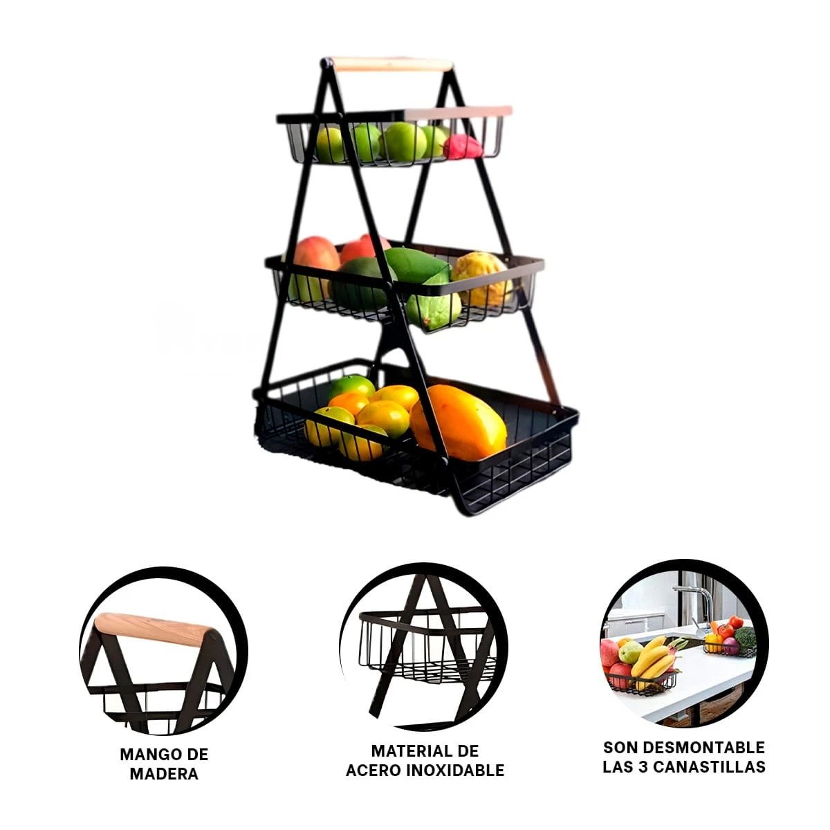 FRUTERO COLOR NEGRO CON ESTRUCTURA TRIANGULAR DE ACERO INOXIDABLE Y 3 NIVELES Y+REGALO STICKER - 2