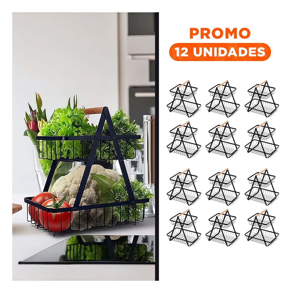 PACK12 CANASTILLA EN COLOR NEGRO 2 NIVELES CON SOPORTE TRIANGULAR ACERO INOXIDABLE - 1