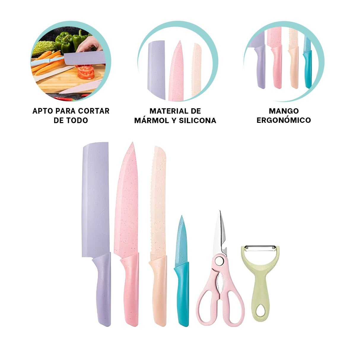 KIT DE CUCHILLOS 6 PIEZAS DE COLORES PARA HOGAR Y COCINA Y+PAPEL REGALO - 5
