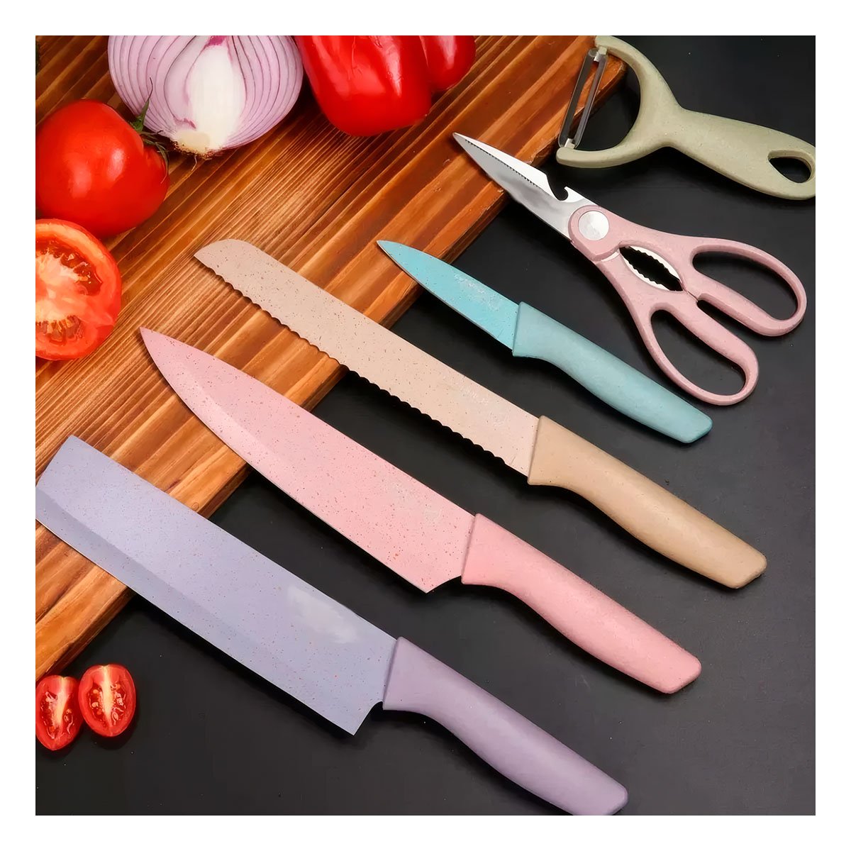 PACK DE CUCHILLOS 6 PIEZAS DE COLORES PARA PREPARACION EN CASA Y+REGALO STICKER - 2