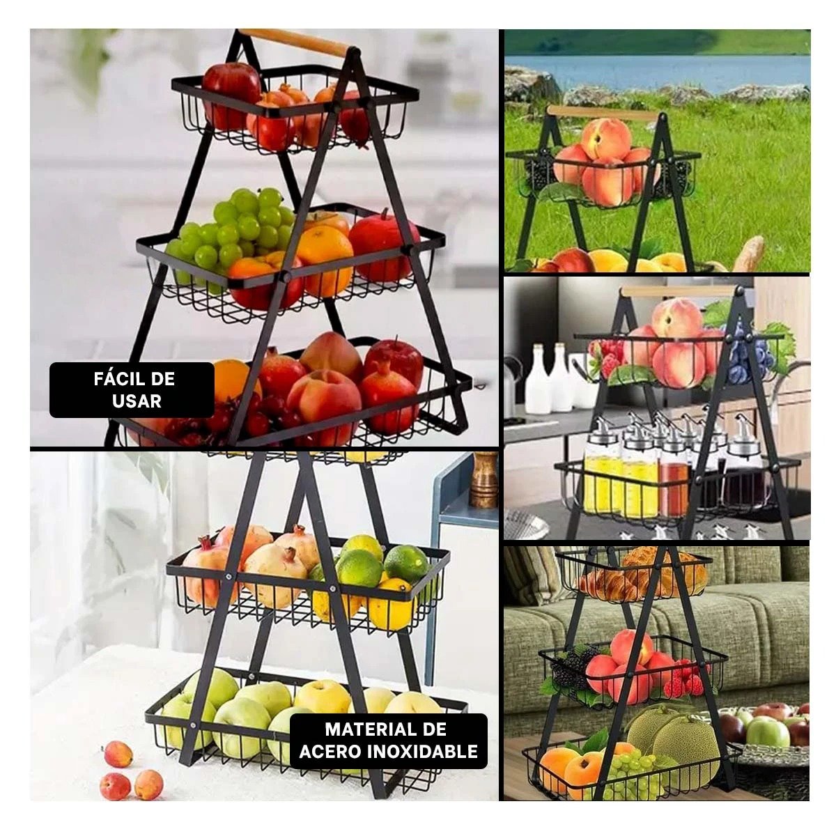 FRUTERO EN ACERO INOXIDABLE NEGRO CON DISEÑO TRIANGULAR Y TRES NIVELES Y+LIGAS REGALO - 1