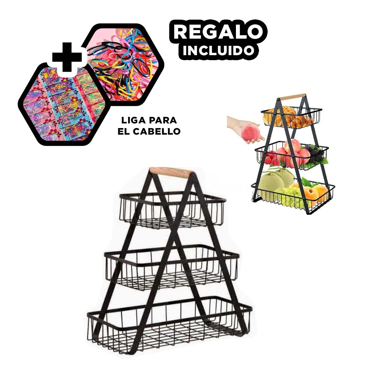 FRUTERO EN ACERO INOXIDABLE NEGRO CON DISEÑO TRIANGULAR Y TRES NIVELES Y+LIGAS REGALO - 2