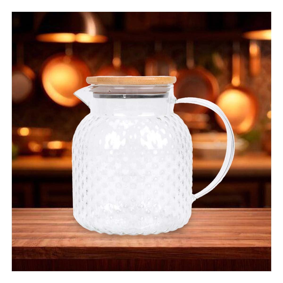 JARRA DE VIDRIO CON TAPA DE MADERA PARA SERVIR BEBIDAS TRANSPARENTE - 1