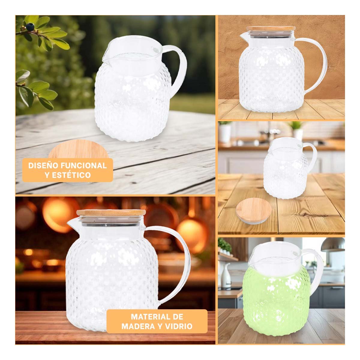 JARRA DE VIDRIO CON TAPA DE MADERA PARA SERVIR BEBIDAS TRANSPARENTE - 2