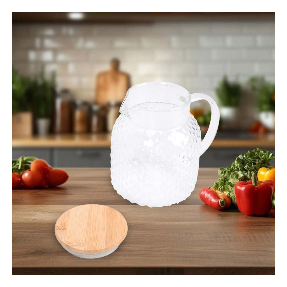 JARRA DE VIDRIO CON TAPA DE MADERA PARA SERVIR BEBIDAS TRANSPARENTE - 3