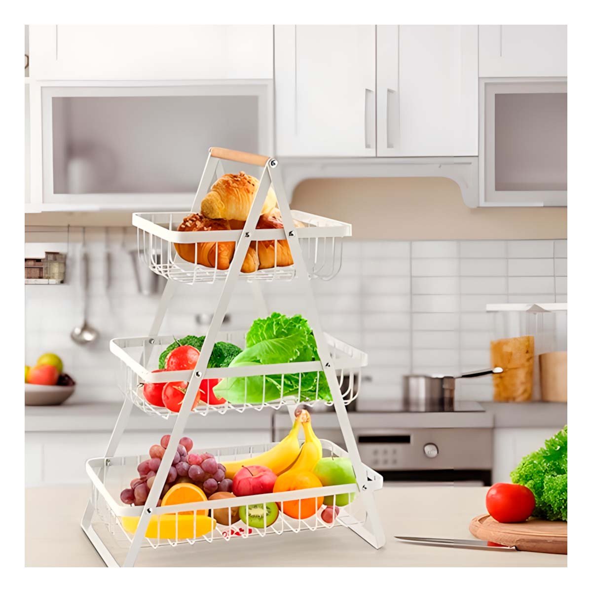 FRUTERO TRIANGULAR 3 NIVELES BLANCO FACIL DE USAR Y DURADERO ORDENAR VERDURAS Y+PAPEL REGALO - 2