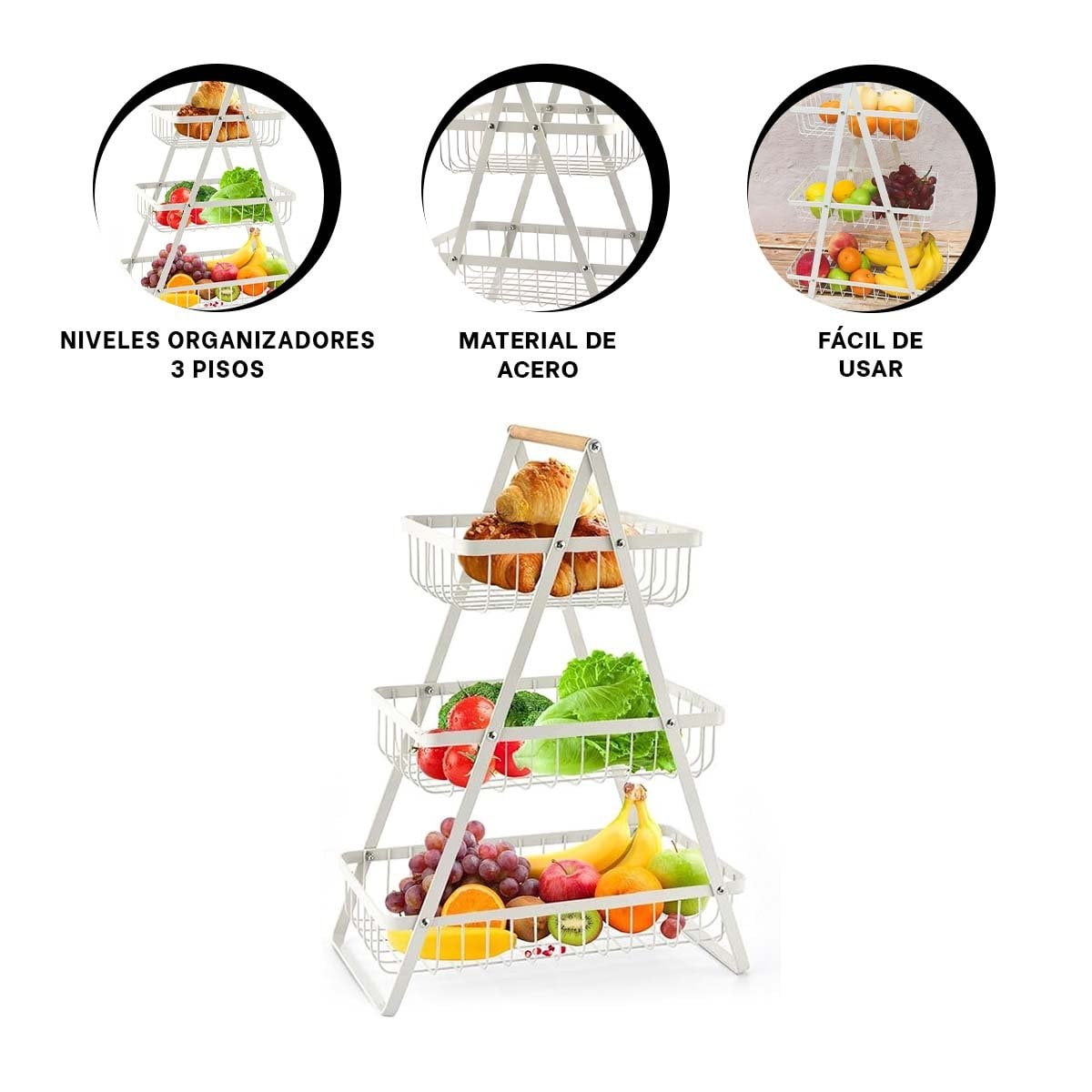 FRUTERO TRIANGULAR 3 NIVELES BLANCO FACIL DE USAR Y DURADERO ORDENAR VERDURAS Y+PAPEL REGALO - 5
