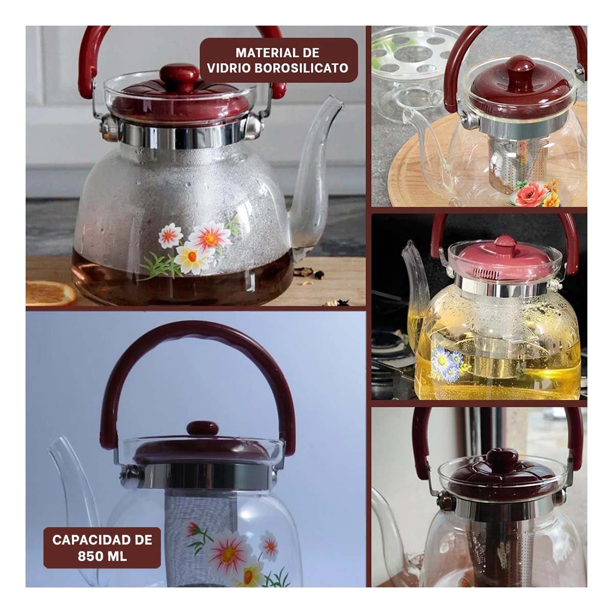 JARRA DE VIDRIO TRANSPARENTE 850ML CON TAPA GUINDA PARA ORDEN EN ENCIMERA Y+PAPEL REGALO - 3